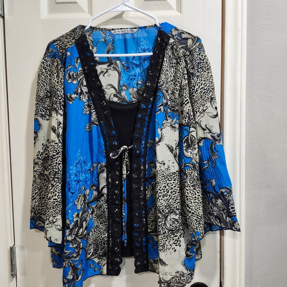Signature by Larry Levine Blue Leopard Baroque Lace Trim Layered Top Womens M